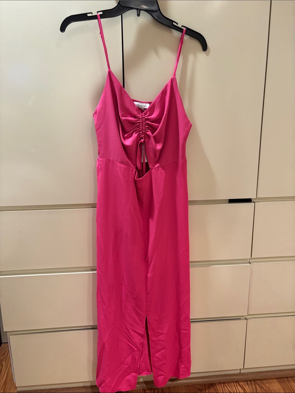 Topshop Bright Pink Spaghetti-Strap Midi Dress with Ruched Front